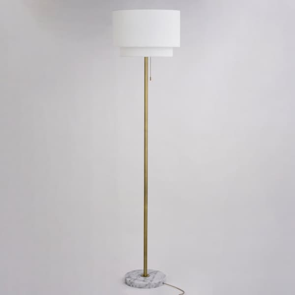 Burnaby Gold Brass Mid-Century Modern Floor Lamp White Linen Shade Pull Chain Switch